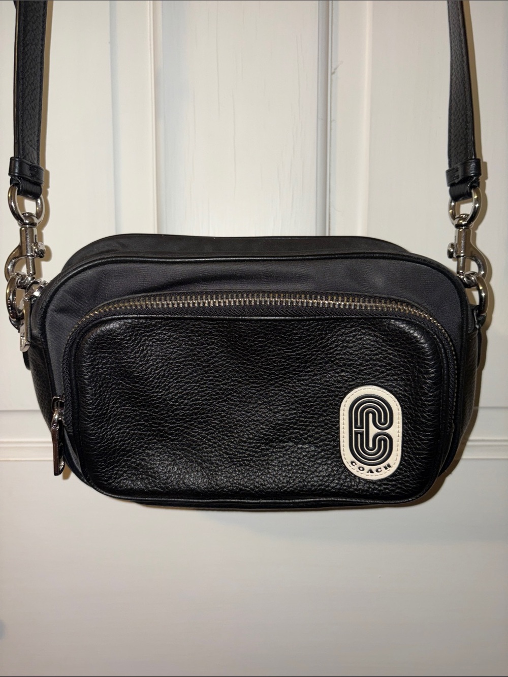 Coach Black Leather Crossbody Messenger with Logo Patch